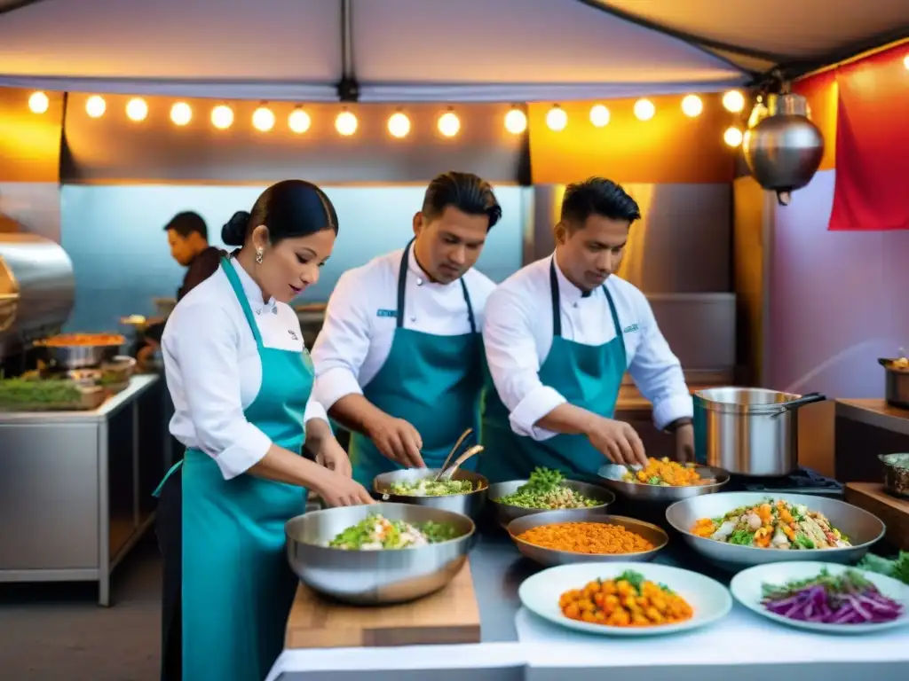 Cocinas modulares en evento gastronómico peruano, chefs preparando ceviche y platos con tecnología innovadora