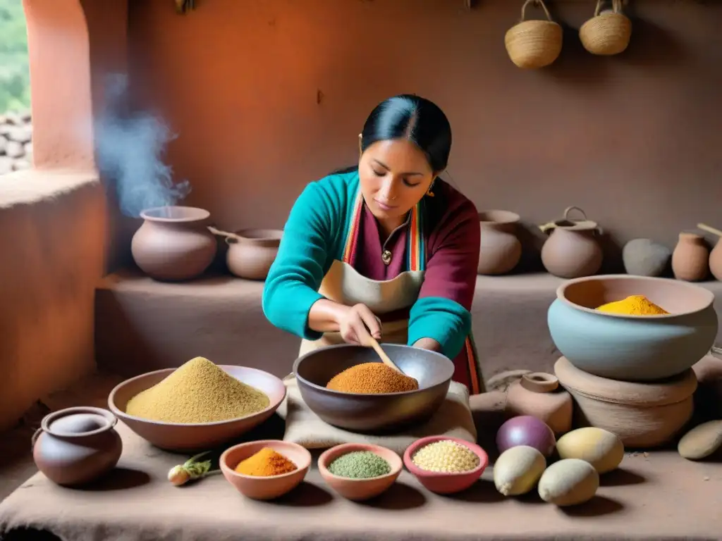 Una cocinera indígena andina preparando recetas tradicionales de la cocina andina peruana en una cocina rústica iluminada por fuego