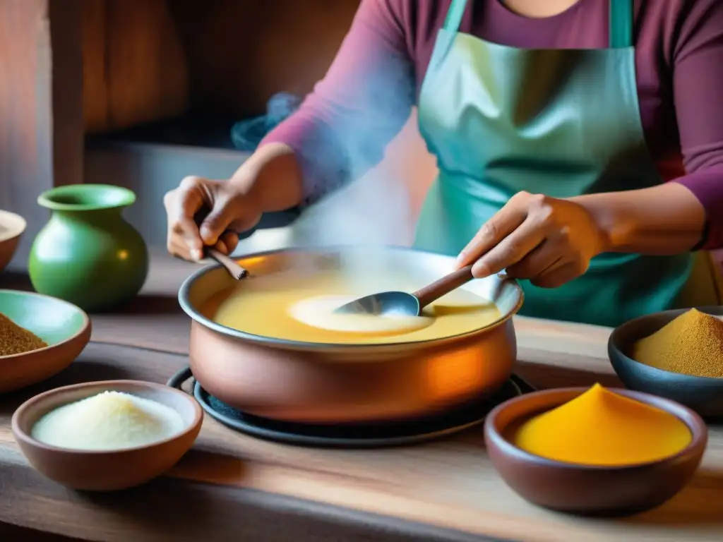 Una cocinera peruana prepara con destreza un Suspiro a la Limeña, mostrando la historia detrás de este icónico postre