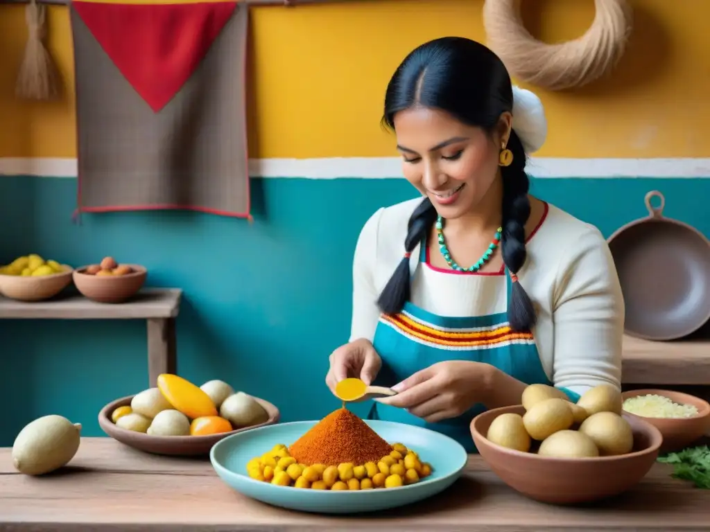 Una cocinera peruana preparando con esmero una receta auténtica de papa a la huancaína en una cocina tradicional