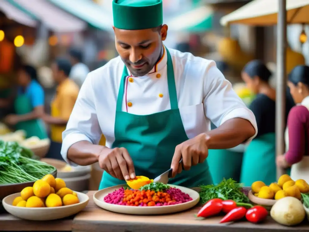 Un cocinero afroperuano preparando Cau Cau en un mercado limeño, mostrando la influencia africana en gastronomía peruana