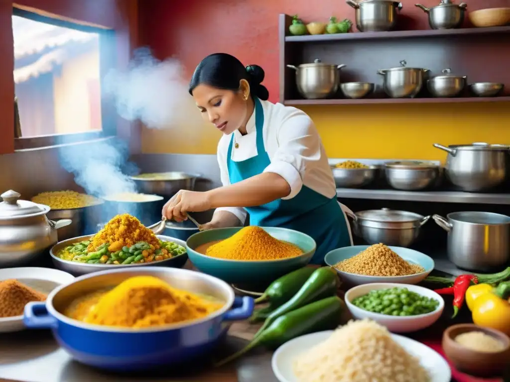 Un cocinero preparando Aji de Gallina en una cocina peruana tradicional con ingredientes vibrantes