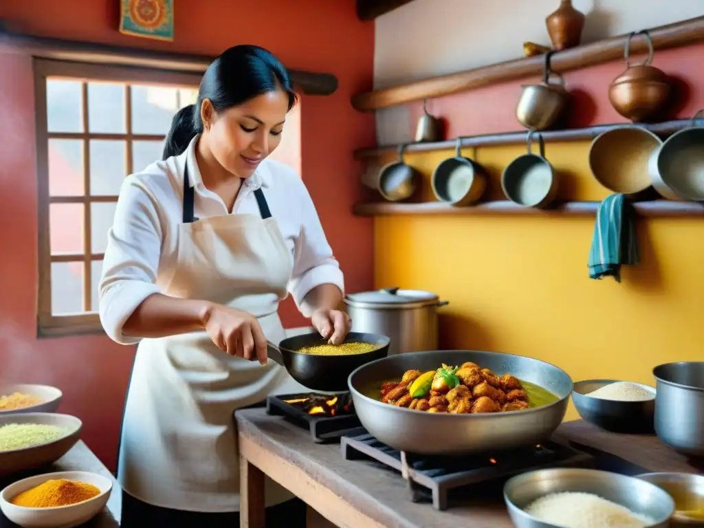 Un cocinero prepara ají de gallina en una cocina tradicional peruana