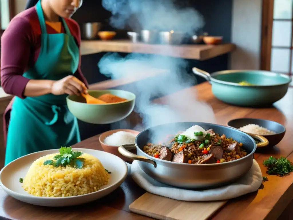 Un cocinero prepara Arroz con Pato en una bulliciosa cocina tradicional peruana