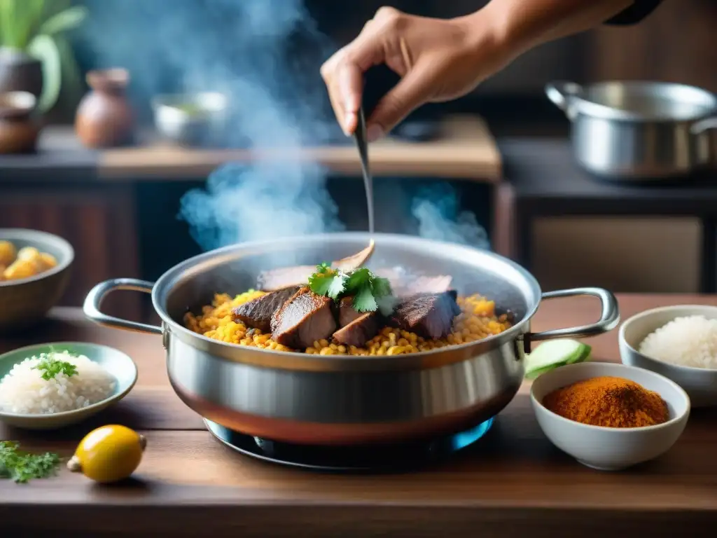 Un cocinero preparando Arroz con Pato a la Chiclayana en una cocina tradicional peruana