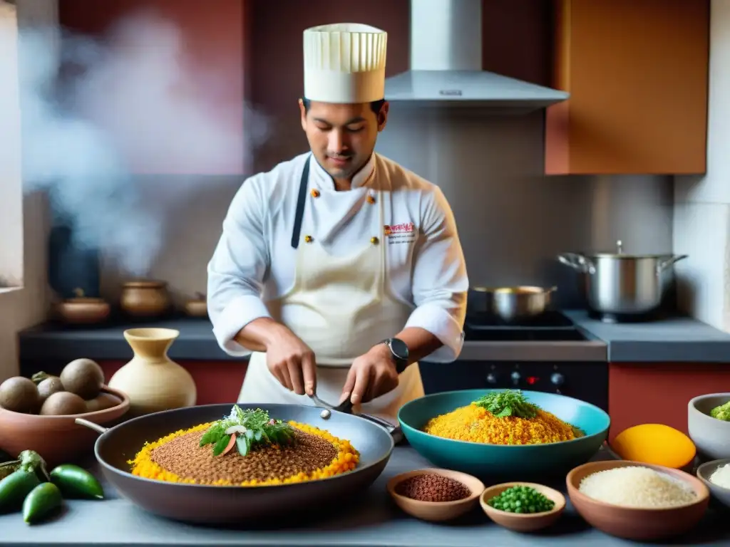 Un cocinero preparando Arroz con Pato en una cocina peruana tradicional, resaltando la gastronomía peruana