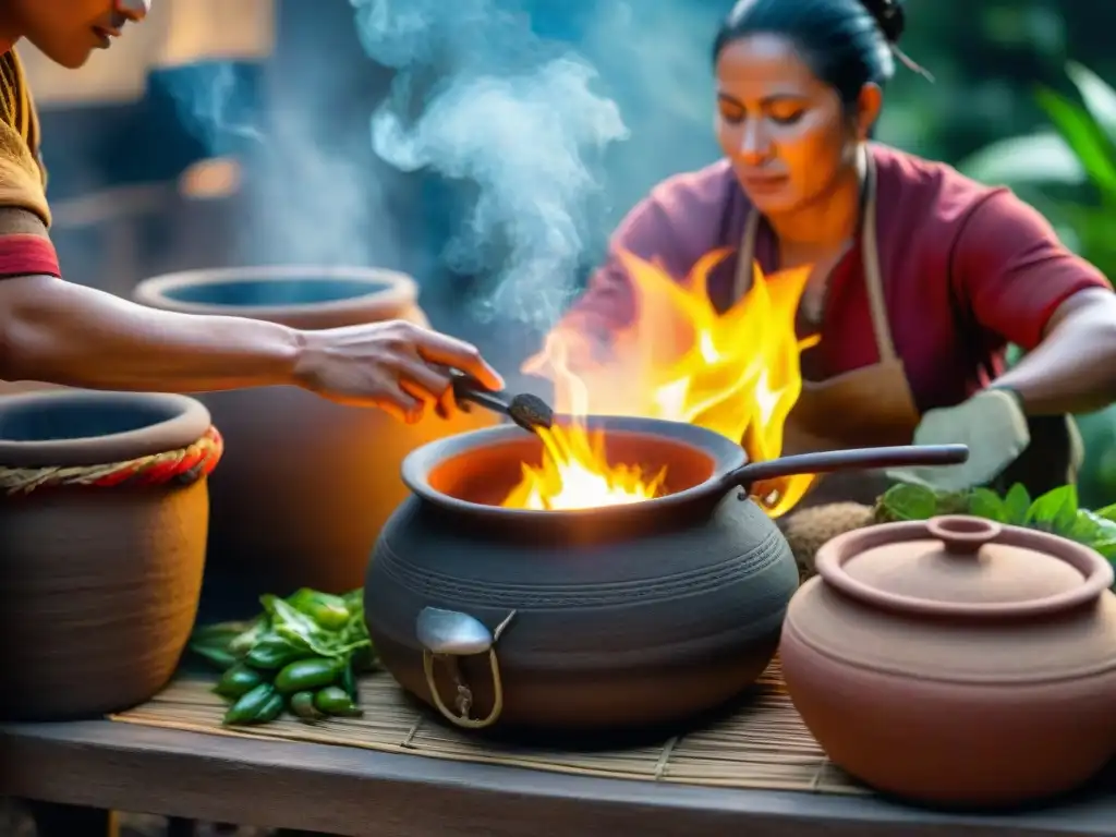 Un cocinero en atuendo tradicional prepara una comida sostenible en una cocina precolombina