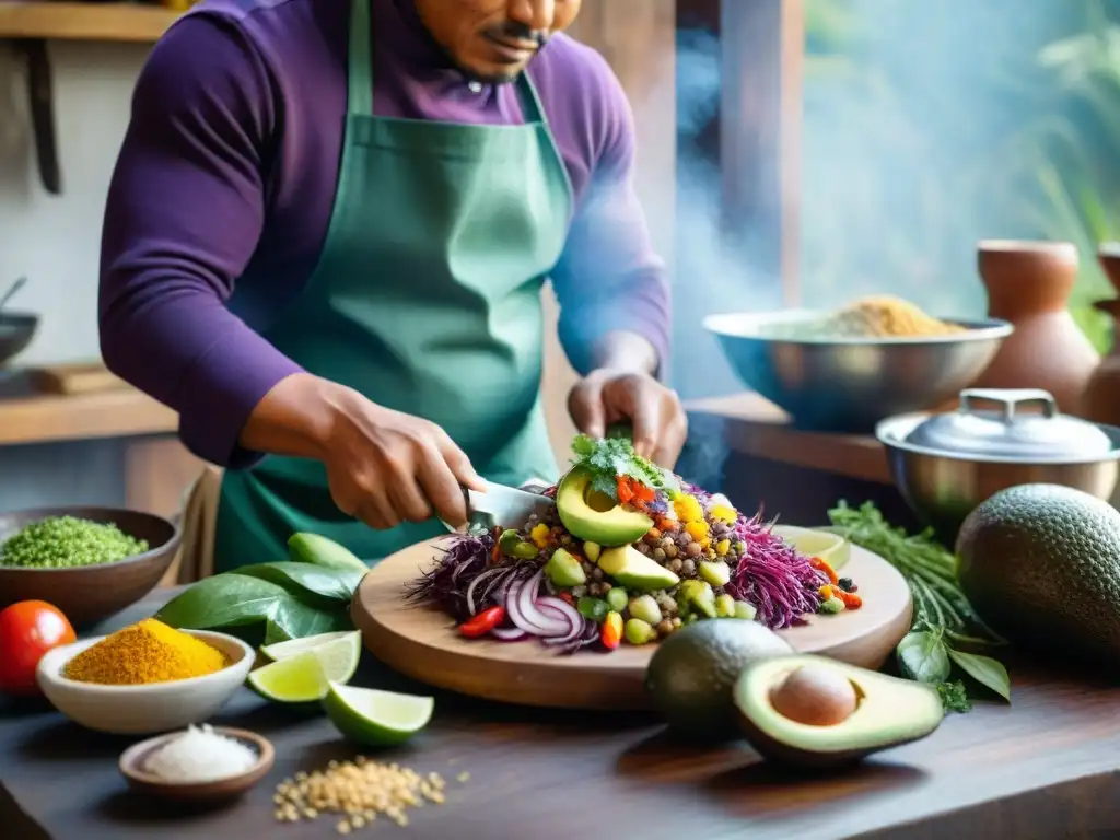Un cocinero prepara ceviche en una cocina peruana autóctona, resaltando colores y texturas