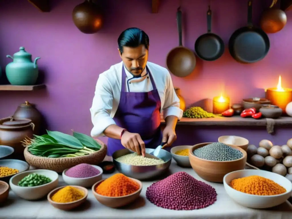 Un cocinero preparando ceviche en una cocina peruana con ingredientes autóctonos y coloridos