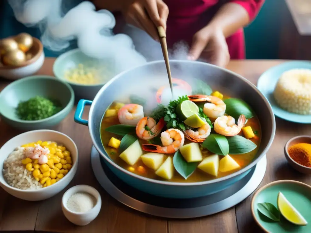 Un cocinero prepara con destreza un Chupe de Camarones en una cocina peruana tradicional de la costa, con ingredientes coloridos y ambiente acogedor