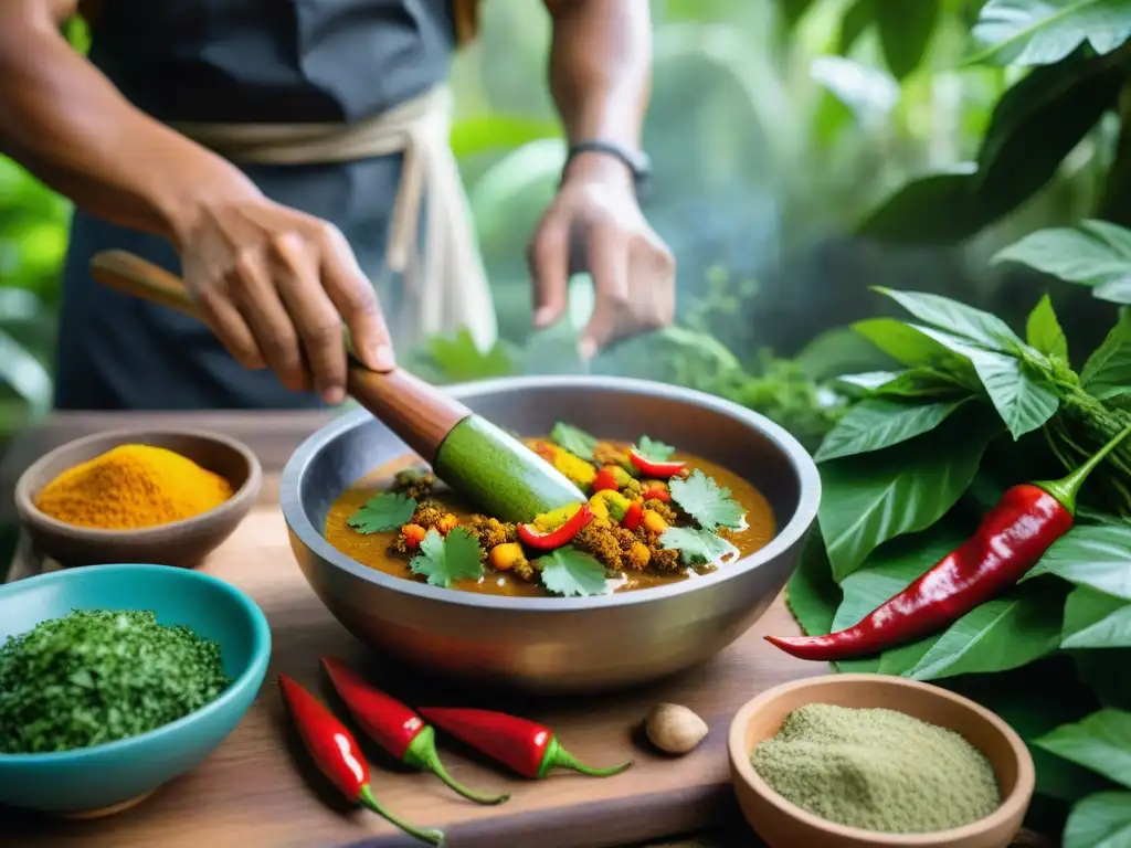 Un cocinero experto prepara un aderezo en la selva amazónica con ingredientes exóticos
