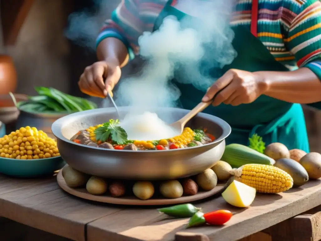 Un cocinero experto preparando ajiaco de olluco en una cocina peruana tradicional