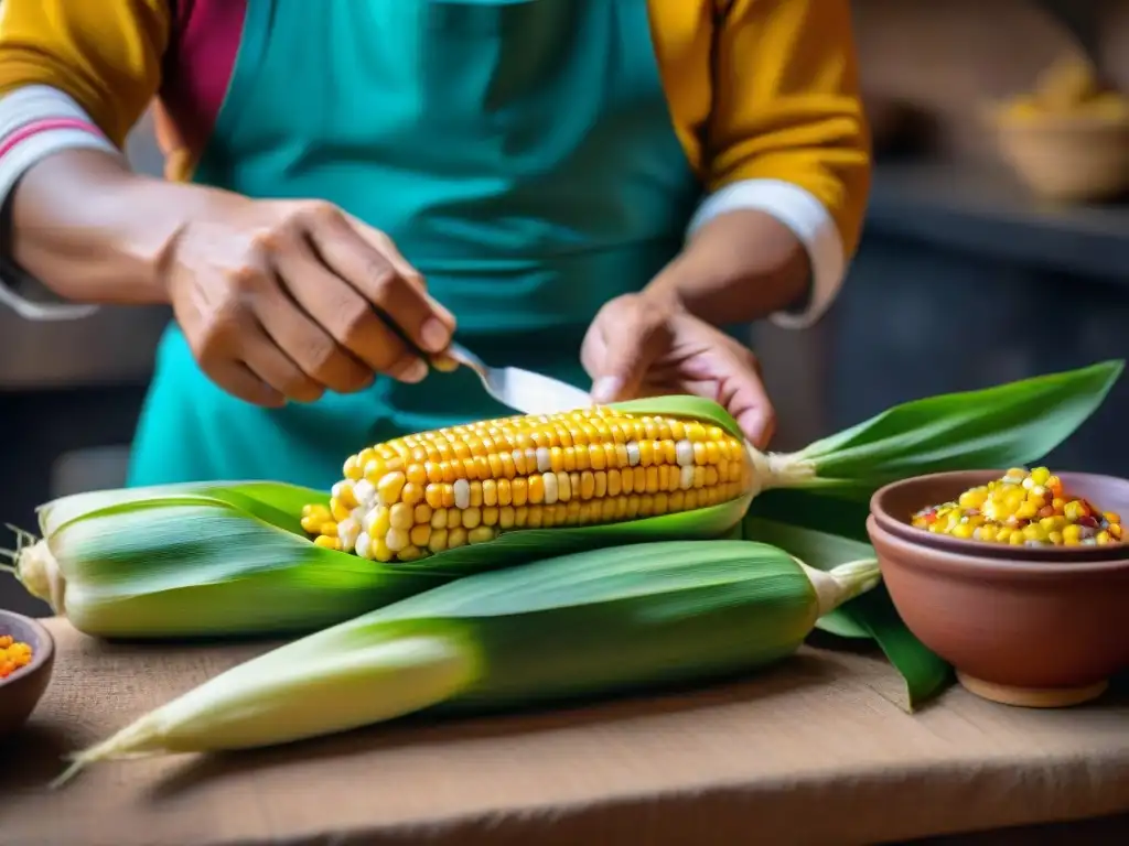 Un cocinero experto prepara humitas andinas peruanas en una cocina tradicional