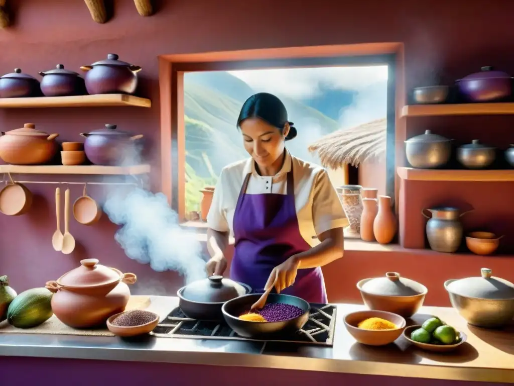 Un cocinero experto remueve una olla de Mazamorra Morada en una cocina tradicional peruana, destacando la tradición culinaria de la Sierra