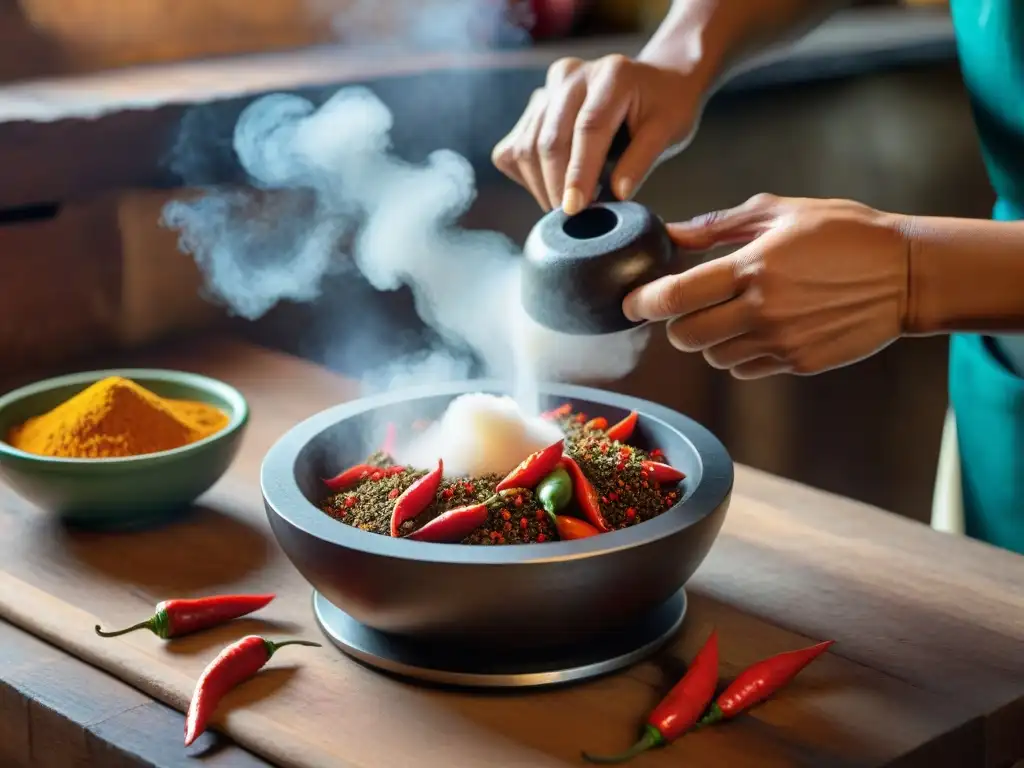 Un cocinero experto preparando recetas ancestrales con Ají Perú en una cocina tradicional peruana