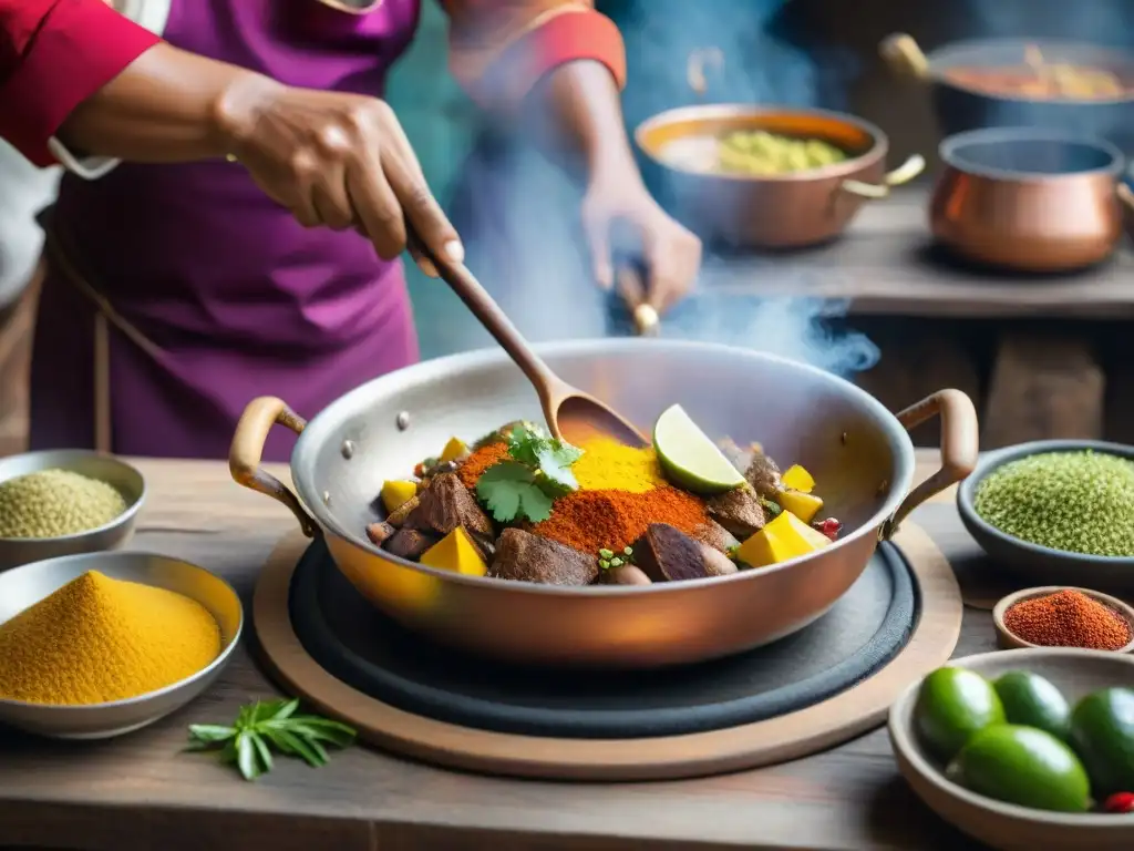 Un cocinero experto preparando recetas de pailas peruanas tradicionales en una cocina rústica