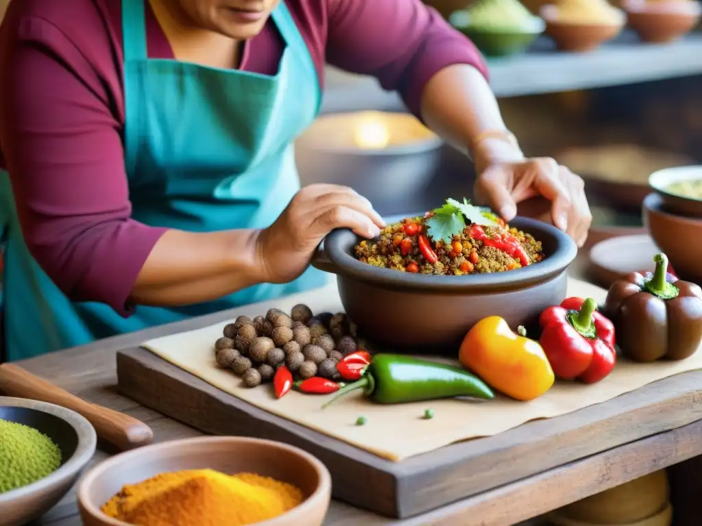 Un cocinero experto prepara rocoto relleno picante en una cocina tradicional peruana