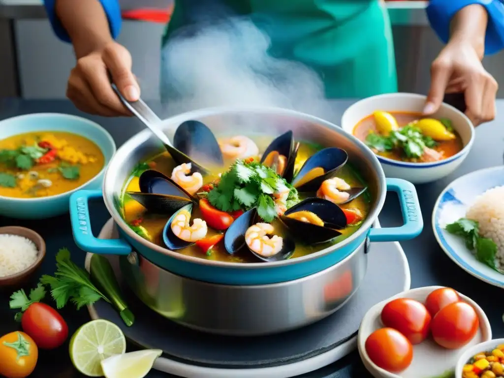 Un cocinero experto preparando una Sopa Marina Peruana Tradicional en una cocina costera peruana, con mariscos frescos y vegetales vibrantes