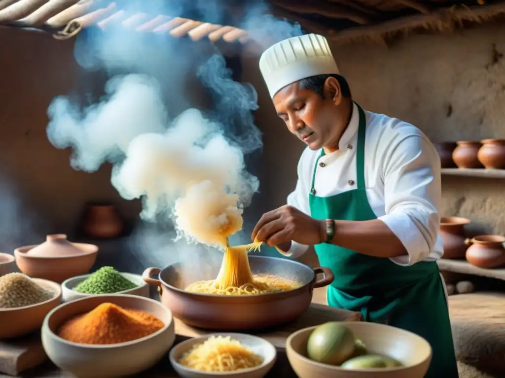 Un cocinero experto prepara Sopa Seca en cocina norteña, rodeado de ollas y especias coloridas