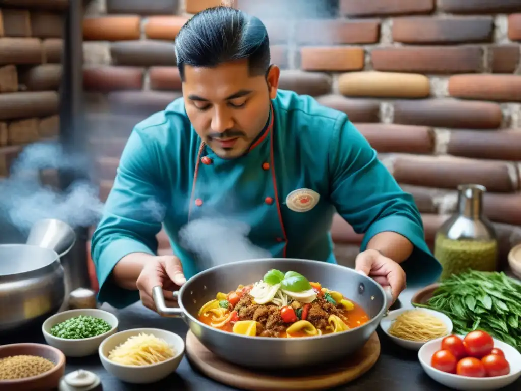 Un cocinero experto preparando Sopa Seca en una cocina tradicional peruana, con ingredientes coloridos y ambiente rústico