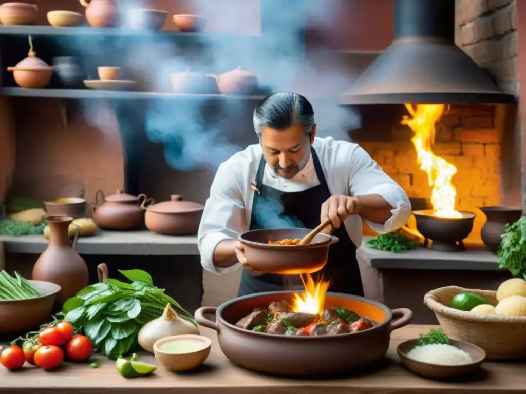 Un cocinero experto prepara un tradicional Seco de Cordero en una cocina ecuatoriana, rodeado de ingredientes frescos