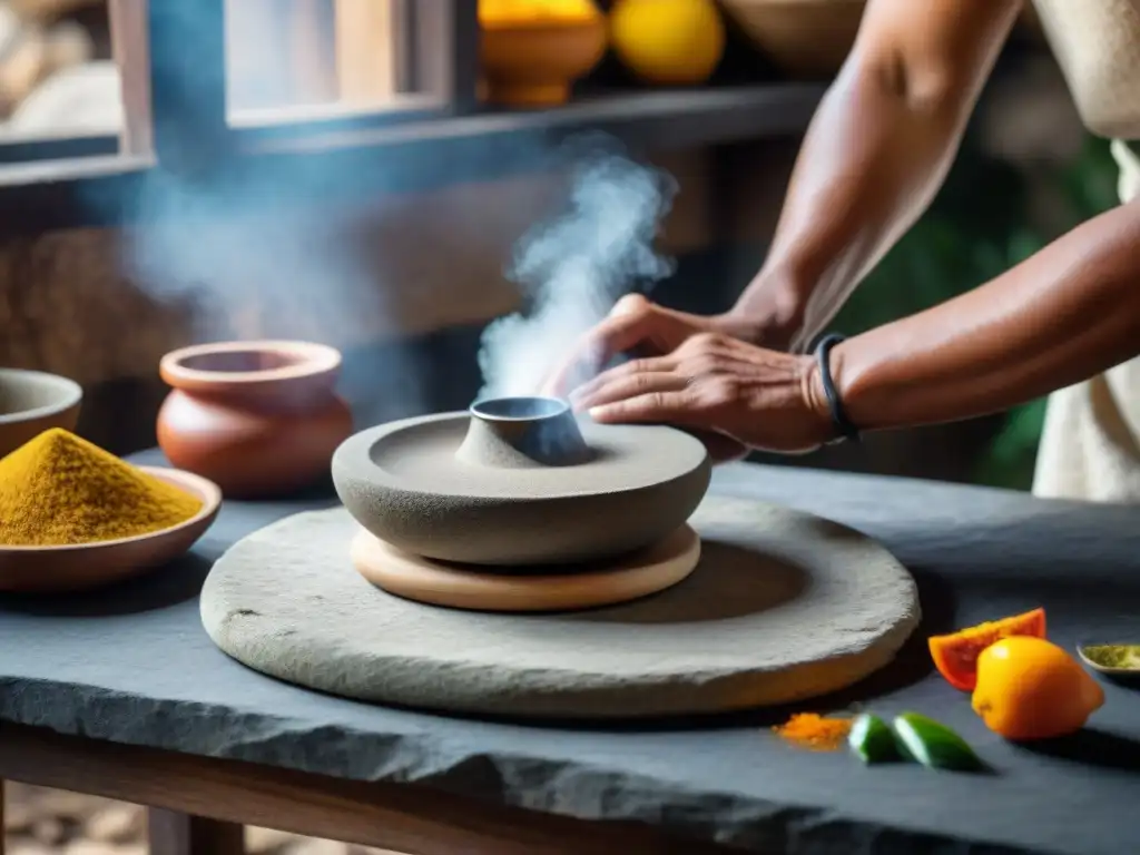 Un cocinero indígena contemporáneo utiliza una Piedra de Moler en una cocina rústica, preservando técnicas culinarias ancestrales