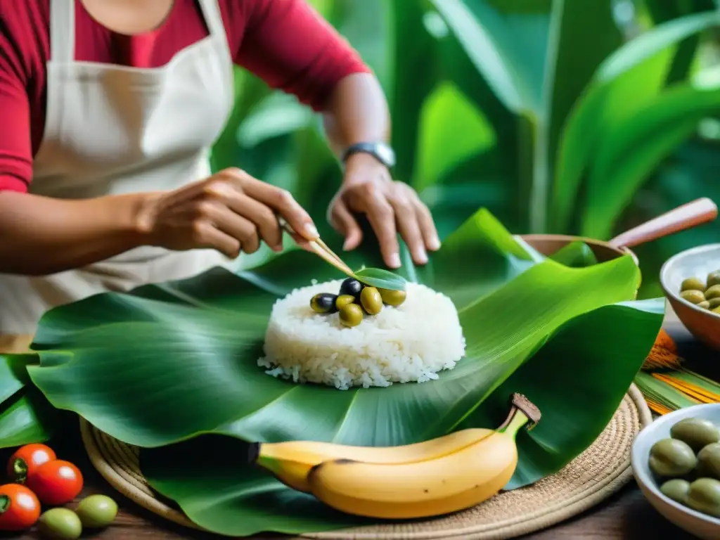 Un cocinero indígena experto preparando la receta auténtica Juane en una cocina tradicional en la Amazonía