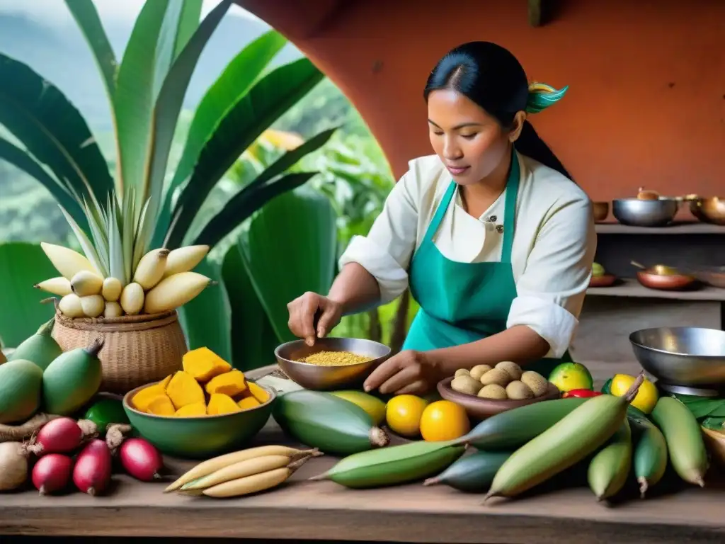 Un cocinero indígena prepara plato tradicional en cocina selva peruana, rodeado de ingredientes coloridos y exuberante vegetación