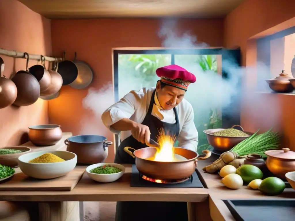 Un cocinero peruano preparando un Ajiaco de Olluco con ingredientes peruanos en una cocina tradicional