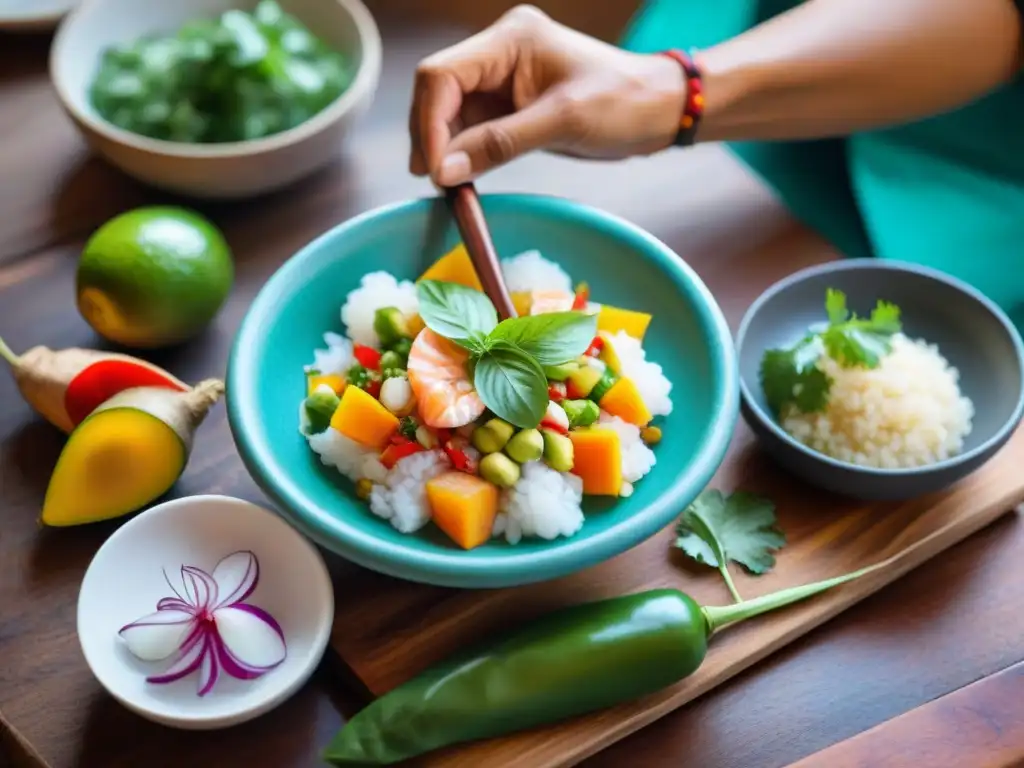 Cocinero peruano preparando ceviche con ingredientes autóctonos, destacando la rica gastronomía peruana