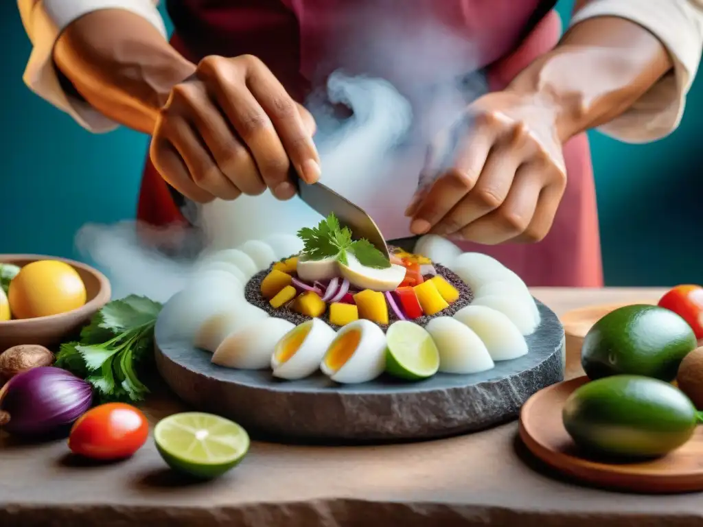 Cocinero peruano preparando ceviche y lomo saltado en piedra de moler, resaltando la autenticidad y riqueza de la gastronomía peruana