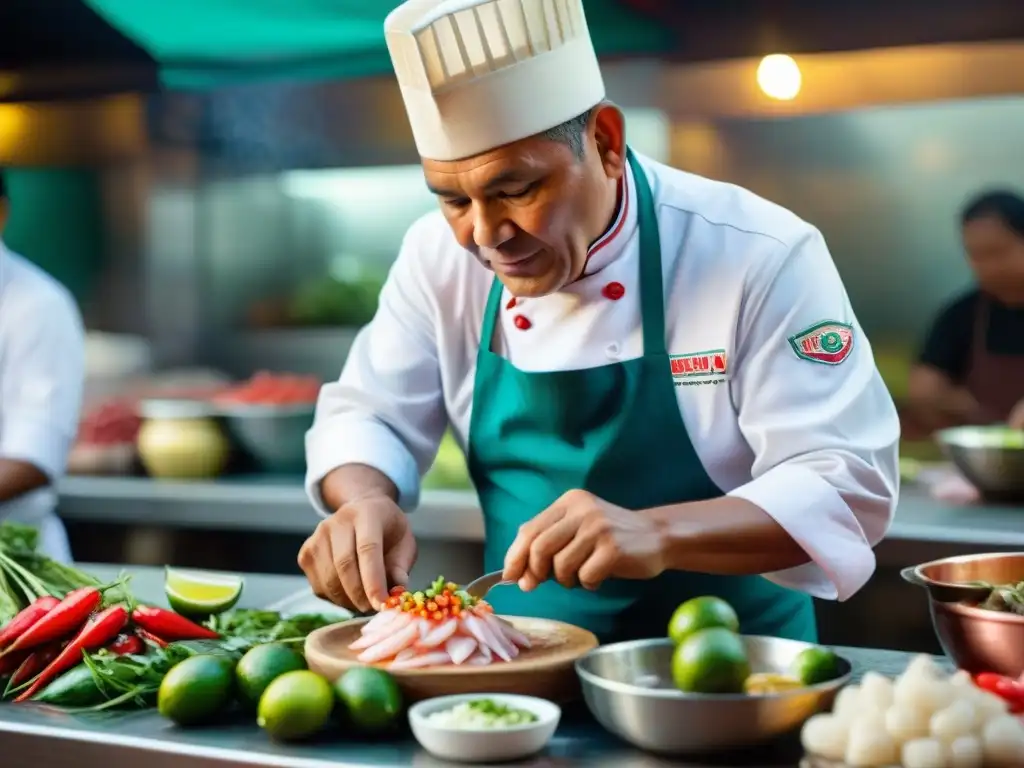 Un cocinero peruano preparando ceviche en mercado de Lima