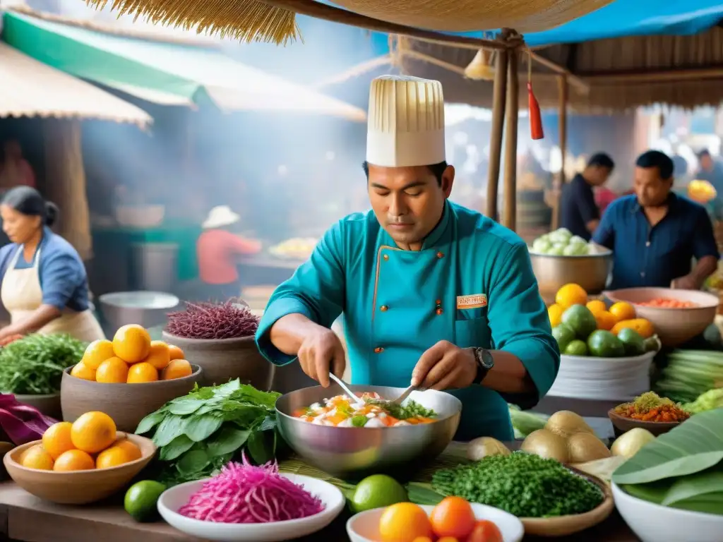 Cocinero peruano preparando ceviche en mercado al aire libre