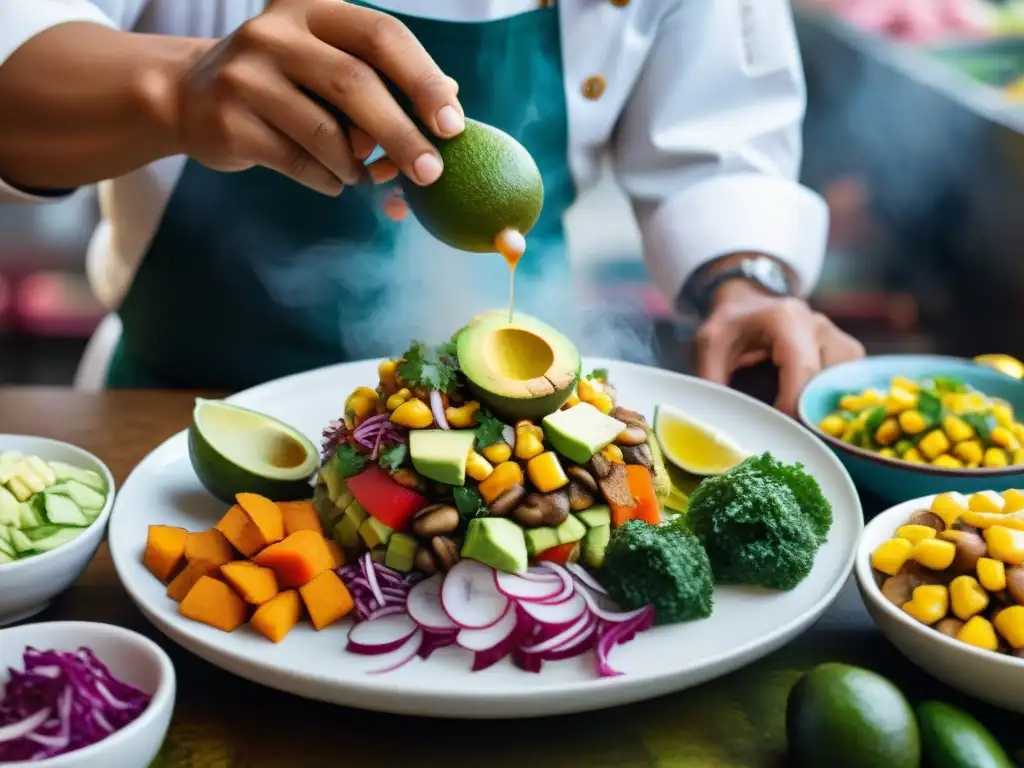 Cocinero peruano preparando ceviche vegetariano en mercado de Lima