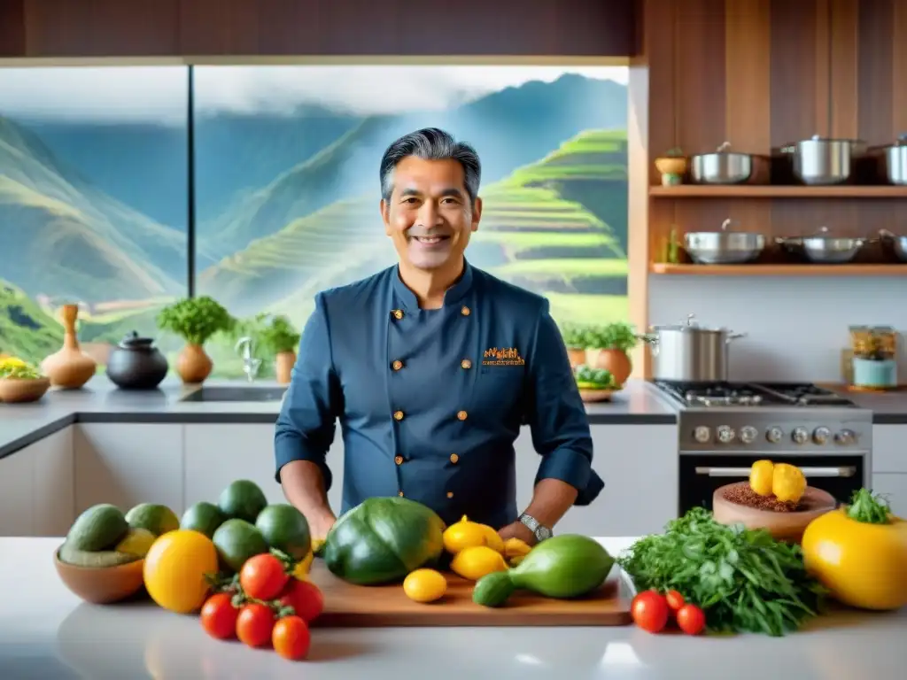 Un cocinero peruano en su cocina sostenible, preparando un plato tradicional con ingredientes vibrantes