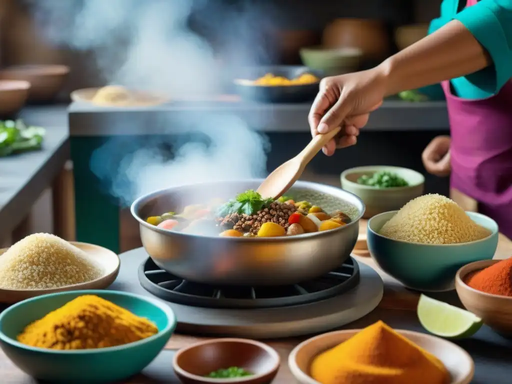 Un cocinero peruano preparando con destreza una olla de Sarza de Patitas en una bulliciosa cocina tradicional peruana