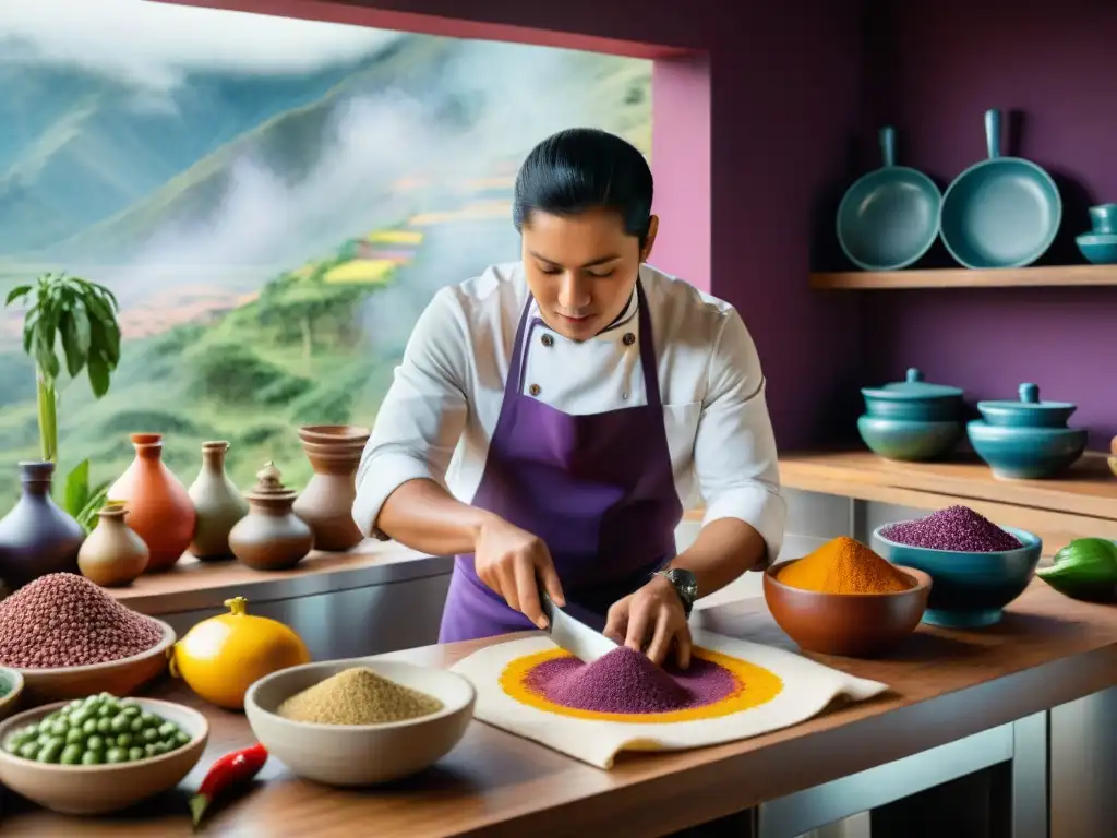 Un cocinero peruano prepara con esmero un plato tradicional rodeado de ingredientes coloridos en una cocina bulliciosa