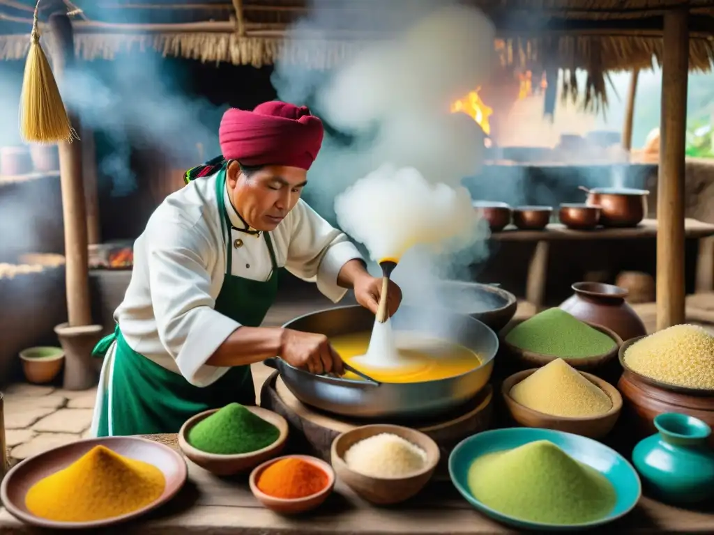 Un cocinero peruano experto elaborando Warapo en una cocina tradicional llena de utensilios e ingredientes, mostrando la esencia culinaria de Perú