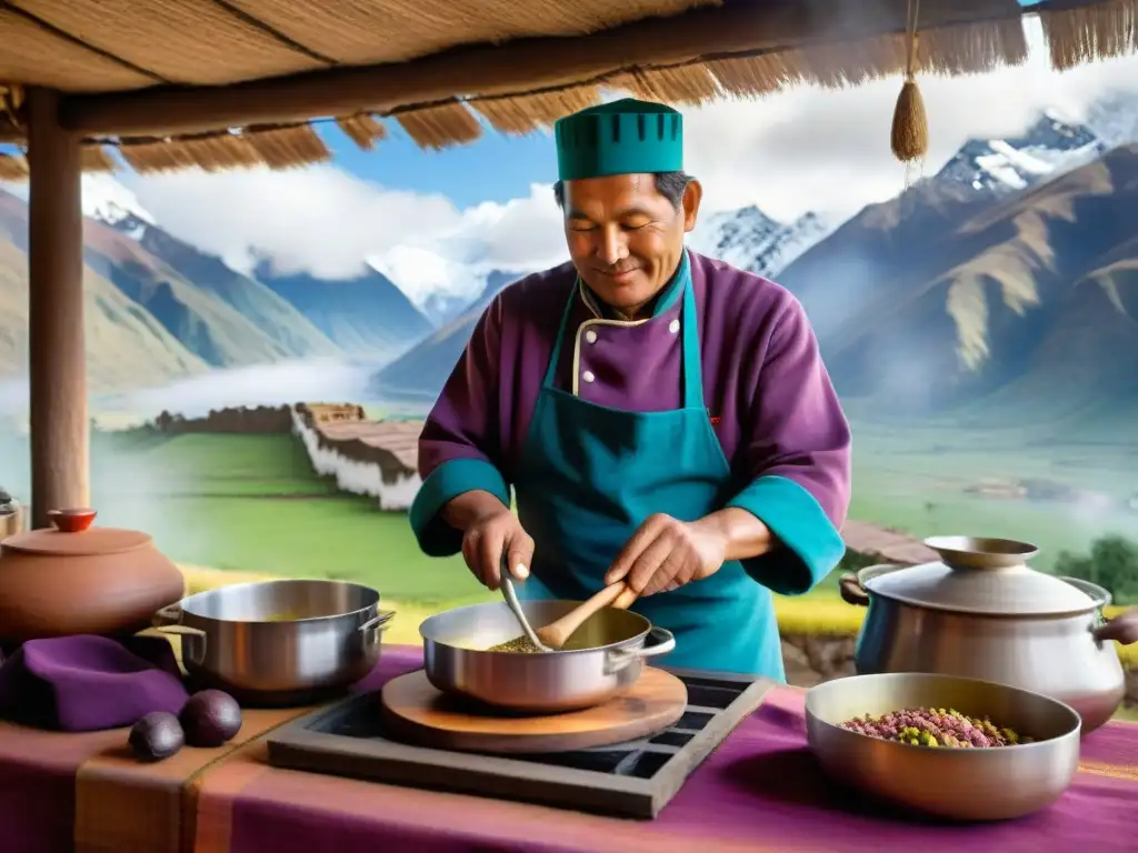 Cocinero peruano experto preparando estofado de altura en cocina rústica con utensilios para cocinar en altura, con los Andes de fondo