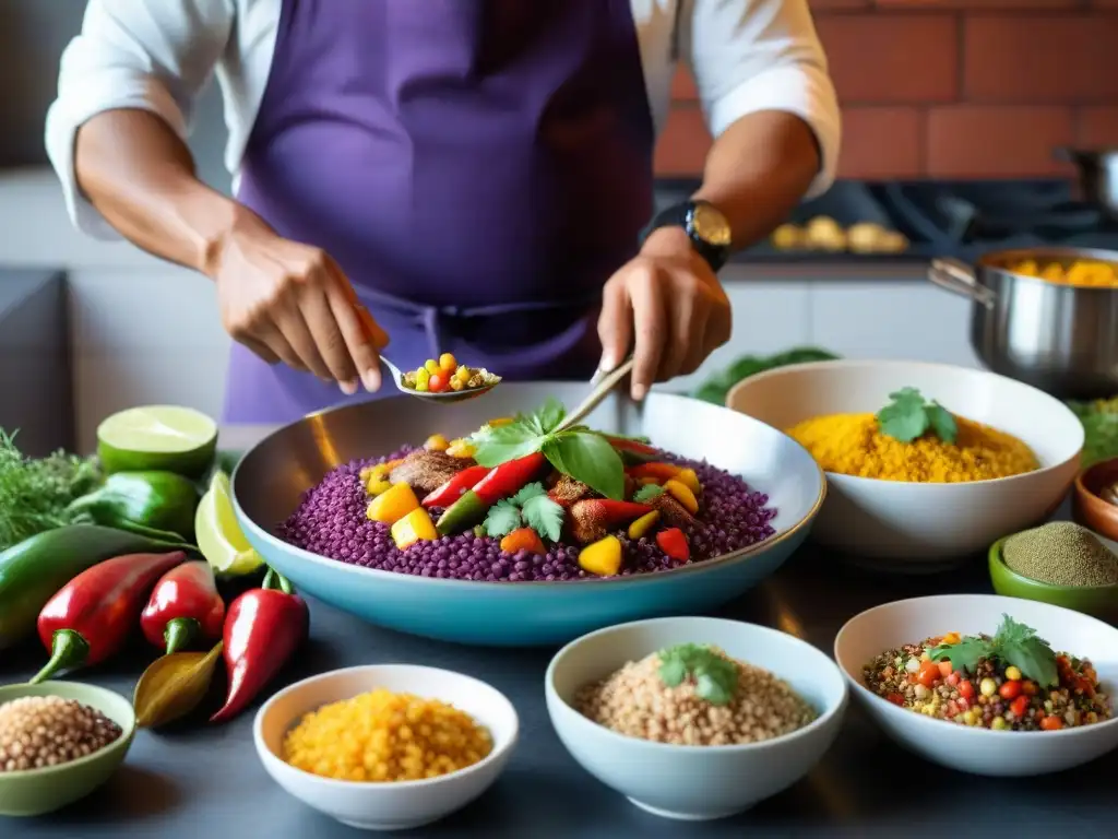 Un cocinero peruano experto preparando un platillo clásico en una cocina tradicional llena de ingredientes vibrantes