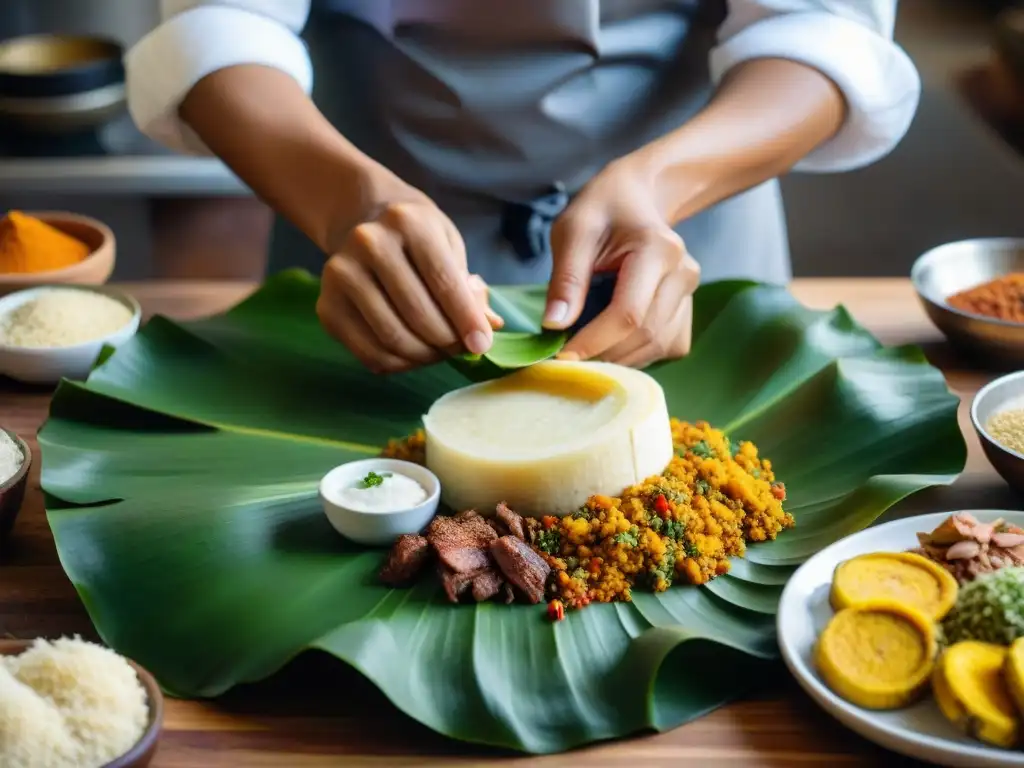 Un cocinero peruano experto preparando la receta tradicional tamal peruano con meticulosidad y arte