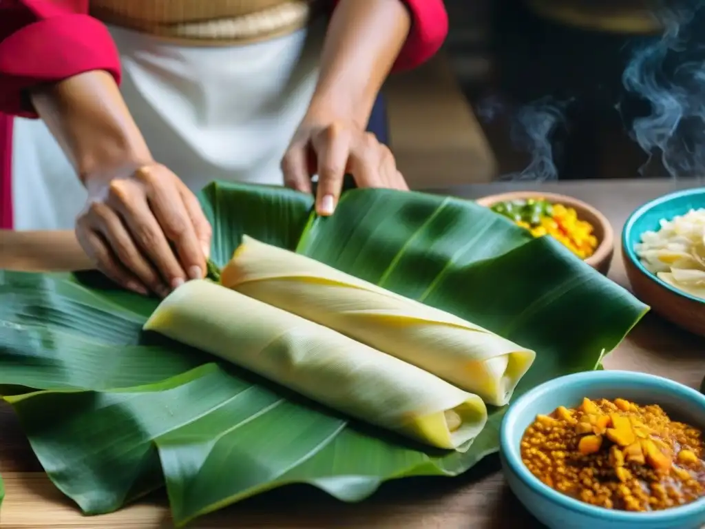 Un cocinero peruano experto preparando tamales, mostrando la historia de los tamales peruanos en una cocina rústica