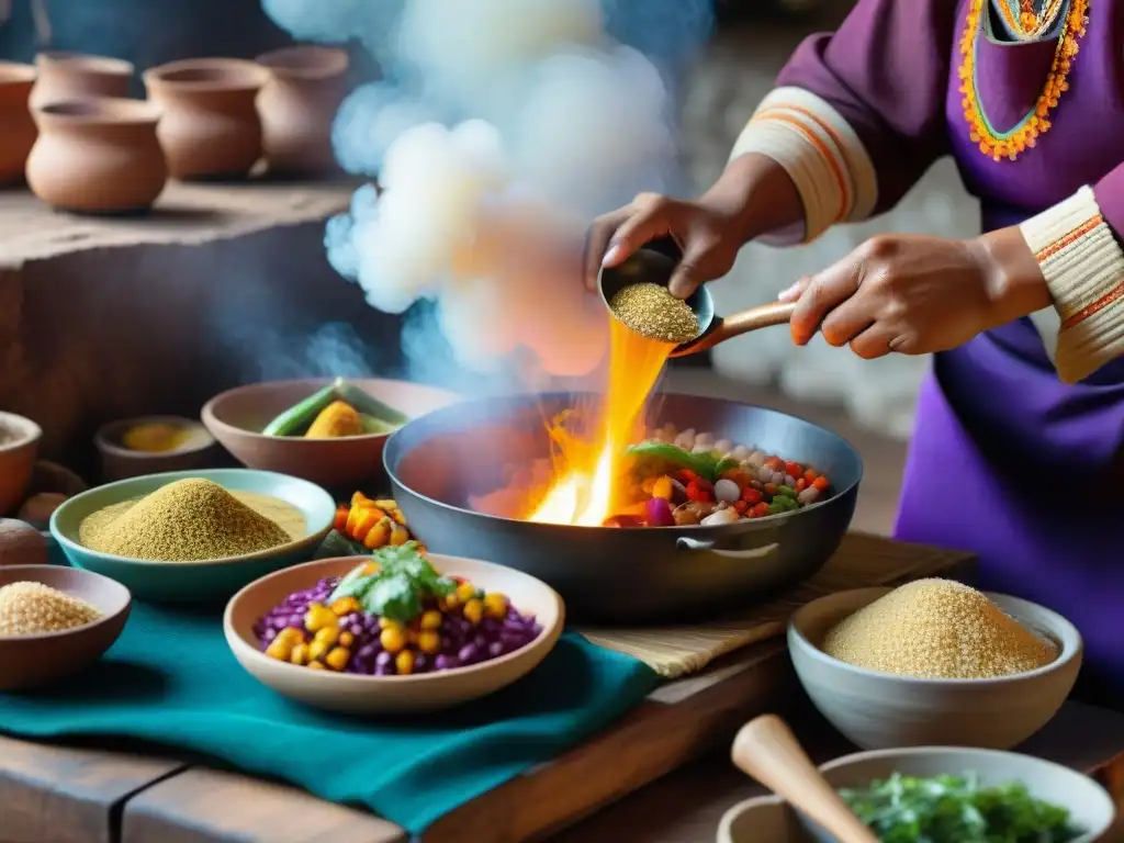 Un cocinero peruano preparando ingredientes saludables tradicionales en una cocina tradicional llena de color y tradición