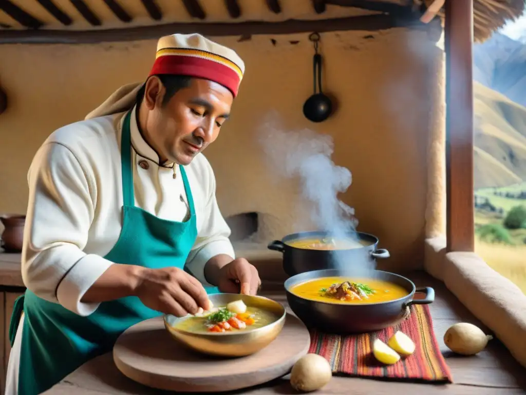 Cocinero peruano preparando locro de papa en la sierra, tradición y belleza Andina