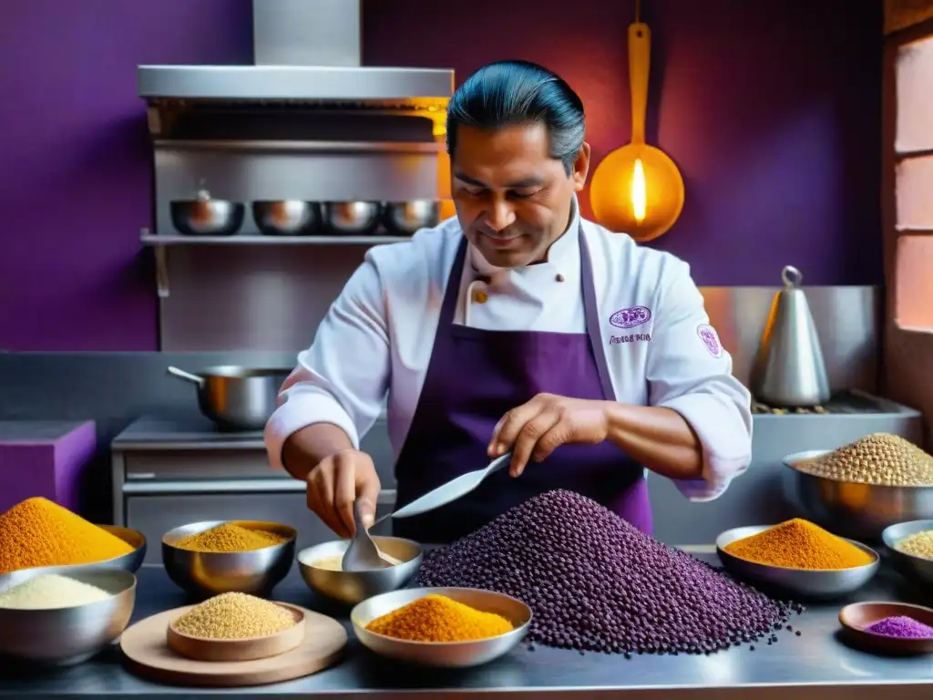 Cocinero peruano preparando maíz morado en cocina tradicional, resaltando la rica tradición culinaria del Perú