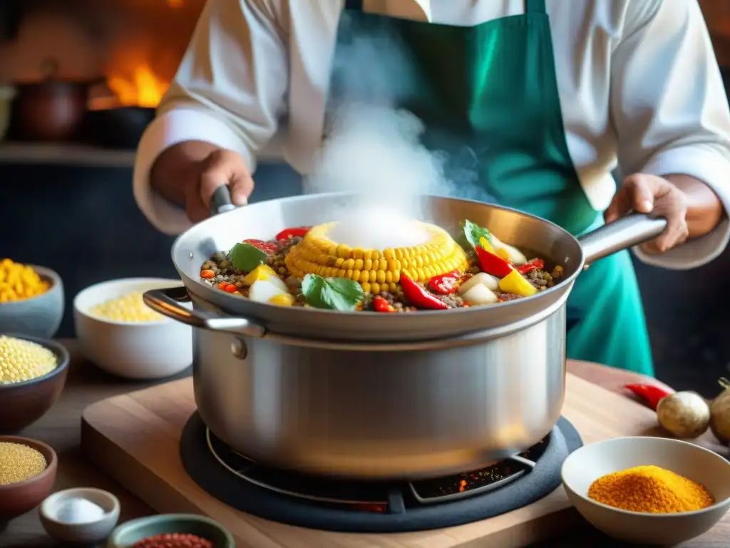 Cocinero peruano preparando mote con ingredientes tradicionales