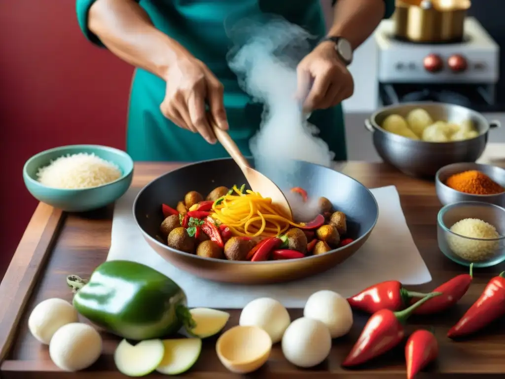 Un cocinero peruano preparando papas a la diabla, con aji rojo y especias, en una cocina tradicional