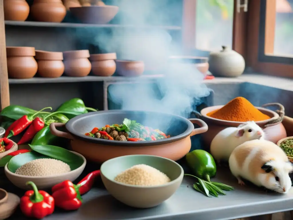 Un cocinero peruano preparando Picante de Cuy en una cocina tradicional