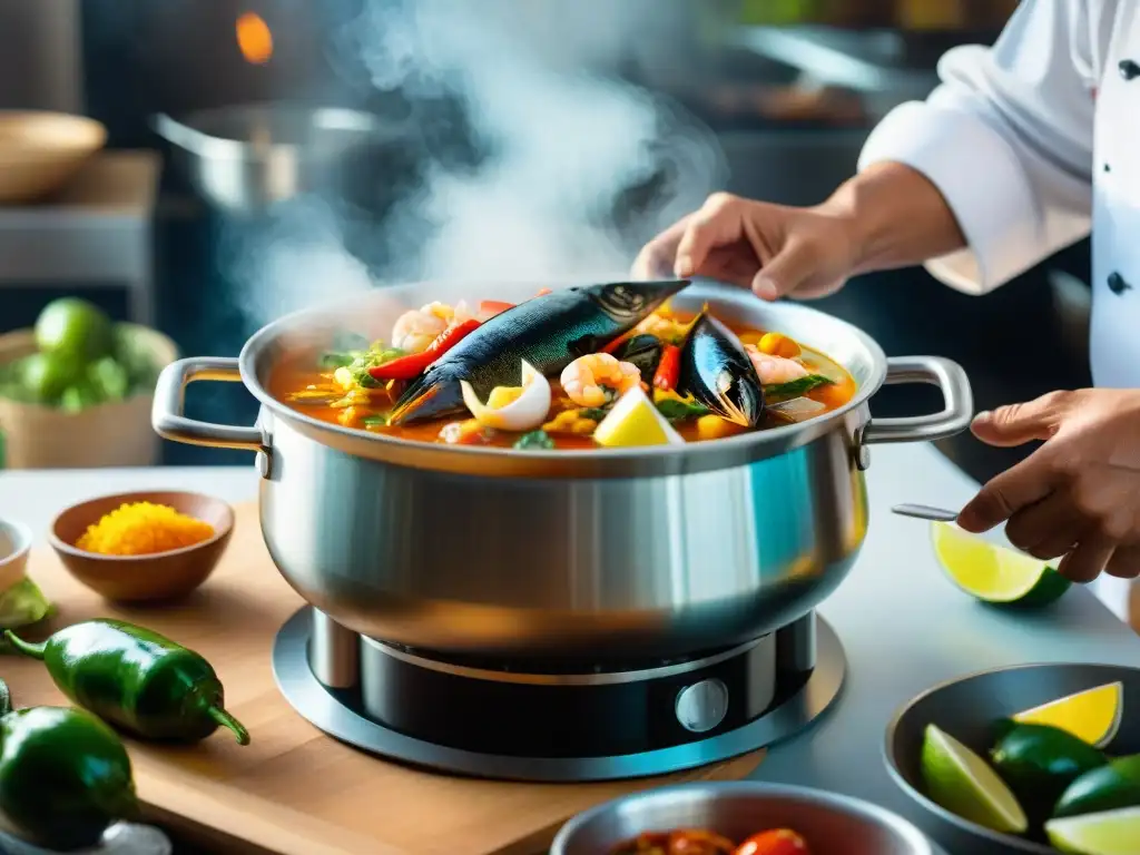 Un cocinero peruano prepara Picante de Mariscos con maestría, mostrando los colores vibrantes de mariscos frescos y hierbas aromáticas