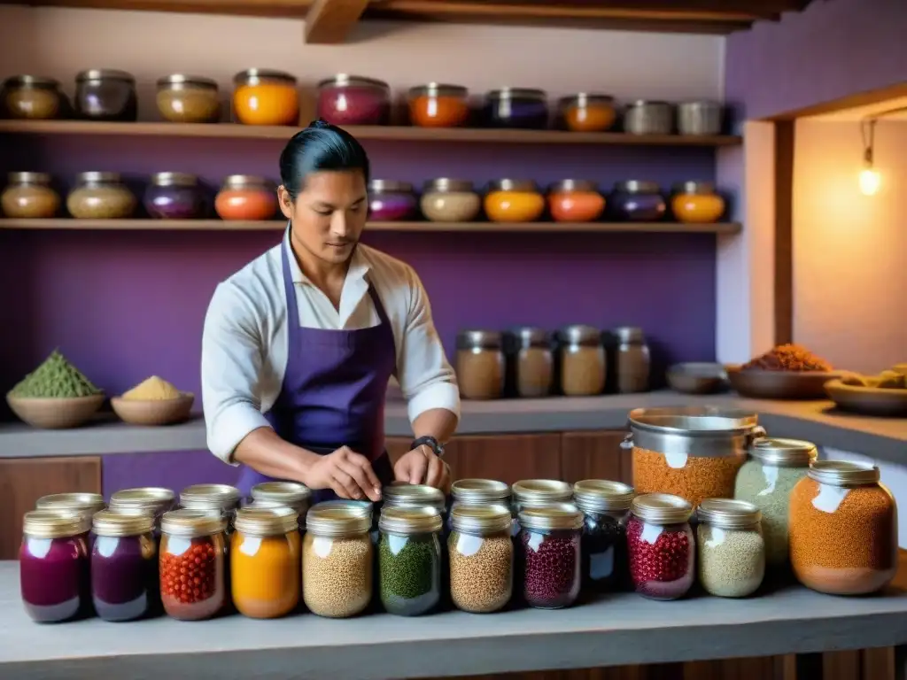 Un cocinero peruano preparando platillos con fermentados peruanos en una cocina tradicional